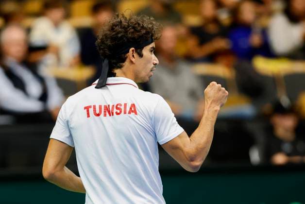 Moez Echargui during the singles match against Leo Borg in the Davis Cup match between Sweden and Tunisia in Partille arena on September 12, 2025 PARTILLE SWEDEN x9200x  Copyright: xAdamxIhse TTx DAVIS CUP SWEDEN-TUNISIA