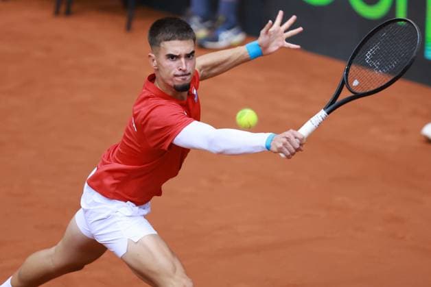 Croatia v France - 2025 Davis Cup Qualifiers Second Round: Day 1 Dino Prizmic of Croatia plays a backhand during the 2025 Davis Cup Qualifier second round match between Croatia and France at Dvorana Gradski Vrt on September 12, 2025 in Osijek, Croatia.  DavorxJavorovic PIXSELL
