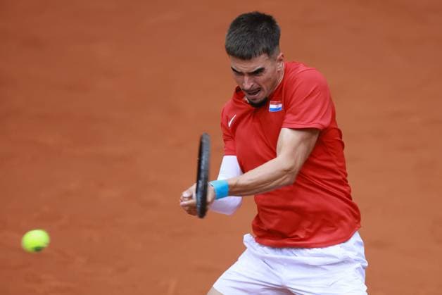 Croatia v France - 2025 Davis Cup Qualifiers Second Round: Day 1 Dino Prizmic of Croatia plays a backhand during the 2025 Davis Cup Qualifier second round match between Croatia and France at Dvorana Gradski Vrt on September 12, 2025 in Osijek, Croatia.  DavorxJavorovic PIXSELL