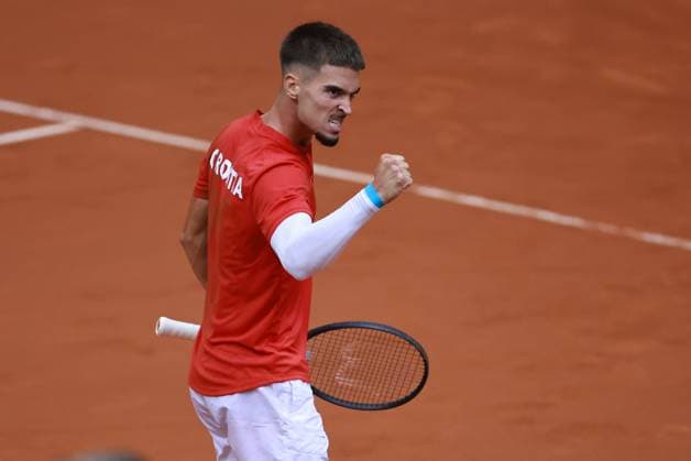 Croatia v France - 2025 Davis Cup Qualifiers Second Round: Day 1 Dino Prizmic of Croatia celebrate during the 2025 Davis Cup Qualifier second round match between Croatia and France at Dvorana Gradski Vrt on September 12, 2025 in Osijek, Croatia.  DavorxJavorovic PIXSELL