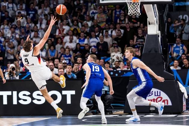 FIBA EuroBasket 2025 Germany Finland 12 09 2025 Franz Wagner Germany, 9 on the throw, falls due to foul by Elias Valtonen Finland, 19 FIBA EuroBasket 2025 Germany Finland Riga, Arena Riga on 12 09 2025 Copyright: xBEAUTIFULxSPORTS Wunderlx