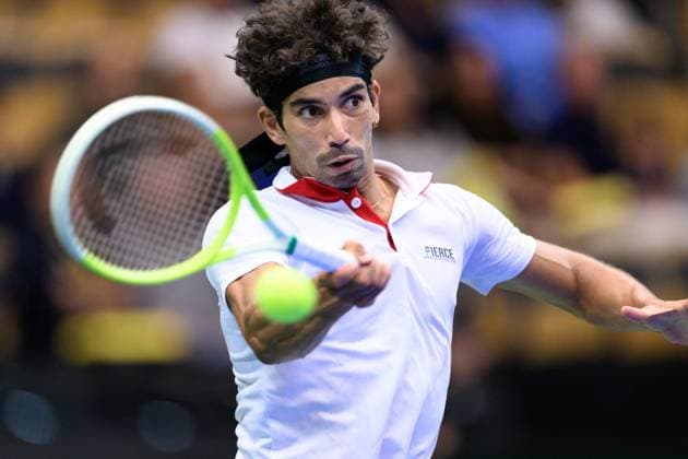 250912 Moez Echargui of Tunisia during the Davis Cup tennis match between Sweden and Tunisia on September 12, 2025 in Partille Photo Carl Sandin BILDBYRAN code CS CS0767 tennis davis cup sweden sverige tunisien tunisia bbeng  Copyright: CARLxSANDIN BB250912CS020