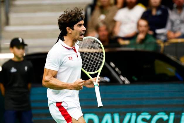 Moez Echargui celebrating during the singles match against Leo Borg in the Davis Cup match between Sweden and Tunisia in Partille arena on September 12, 2025 PARTILLE SWEDEN x9200x  Copyright: xAdamxIhse TTx DAVIS CUP SWEDEN-TUNISIA