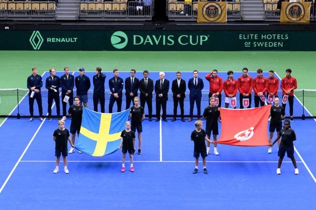 250912 The teams of Sweden and Tunisia at the opening ceremony ahead of the Davis Cup tennis match between Sweden and Tunisia on September 12, 2025 in Partille Photo Carl Sandin BILDBYRAN code CS CS0767 tennis davis cup sweden sverige tunisien tunisia bbeng  Copyright: CARLxSANDIN BB250912CS024