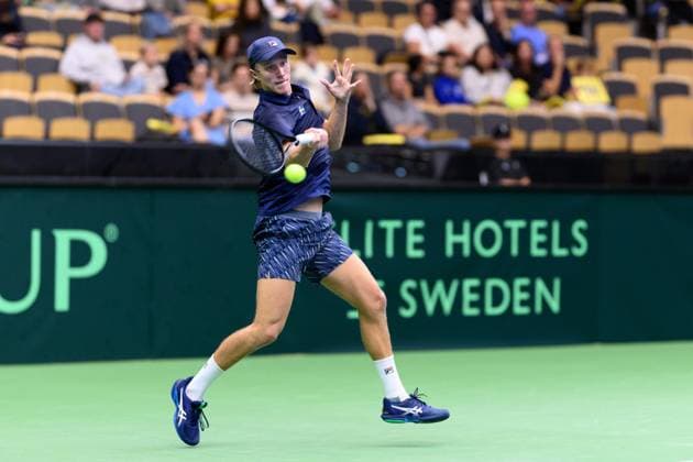 250912 Leo Borg of Sweden during the Davis Cup tennis match between Sweden and Tunisia on September 12, 2025 in Partille Photo Carl Sandin BILDBYRAN code CS CS0767 tennis davis cup sweden sverige tunisien tunisia bbeng  Copyright: CARLxSANDIN BB250912CS026