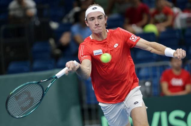 TENNIS - Davis Cup, HUN vs AUT DEBRECEN,HUNGARY,12.SEP.25 - TENNIS - ITF Davis Cup, qualification round 2, Hungary vs Austria. Image shows Lukas Neumayer (AUT).  GEPAxpictures xWalterxLuger