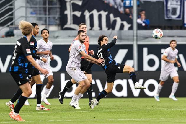 Mika Baur SC Paderborn,14 vs Matus Bero VfL Bochum,19 2 Soccer Bundesliga Season 2025 2026 SC Paderborn vs VfL Bochum at the Home Deluxe Arena in Paderborn Action,Soccer,Man,Men,Germany,12 09 2025
