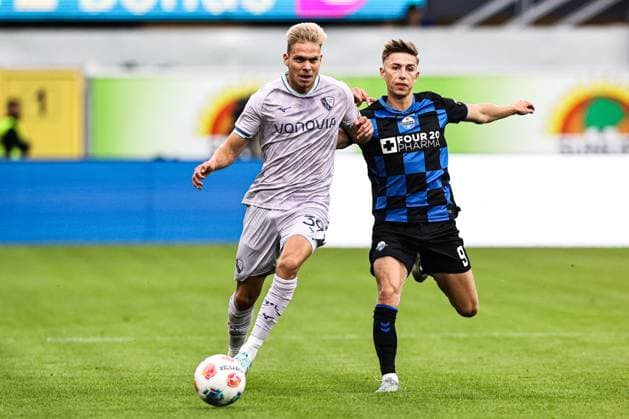 Leandro Morgalla VfL Bochum,39 vs Nick Bätzner SC Paderborn,9 2 Soccer Bundesliga Season 2025 2026 SC Paderborn vs VfL Bochum at the Home Deluxe Arena in Paderborn Action,Soccer,Man,Men,Germany,12 09 2025