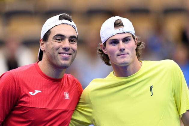250912 Aziz Ouakaa of Tunisia and Olle Wallin of Sweden ahead of the Davis Cup tennis match between Sweden and Tunisia on September 12, 2025 in Partille Photo Carl Sandin BILDBYRAN code CS CS0767 tennis davis cup sweden sverige tunisien tunisia bbeng sverige sweden  Copyright: CARLxSANDIN BB250912CS039