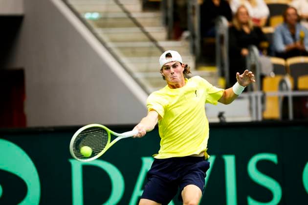 Sweden s Olle Wallin during the singles match against Tunisia s Aziz Ouakaa in the Davis Cup meeting between Sweden and Tunisia in Partille arena on September 12, 2025 PARTILLE SWEDEN x9200x  Copyright: xAdamxIhse TTx DAVIS CUP SWEDEN-TUNISIA