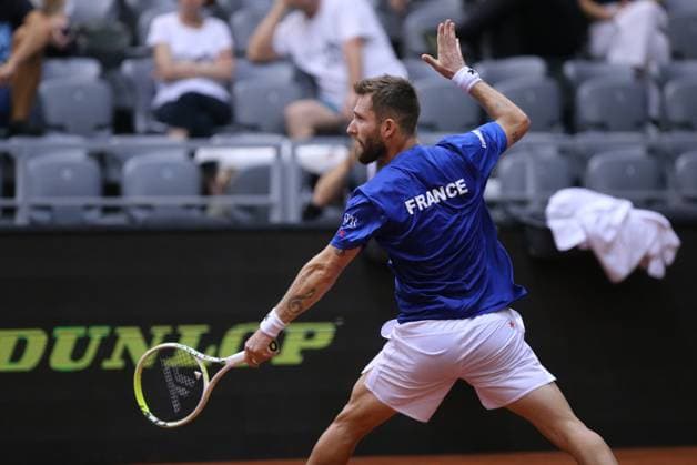 Croatia v France - 2025 Davis Cup Qualifiers Second Round: Day 1 Corentin Moutet of France plays a backhand in his tie against Corentin Moutet of France during the 2025 Davis Cup Qualifier second round match between Croatia and France at Dvorana Gradski Vrt on September 12, 2025 in Osijek, Croatia.  DavidxJerkovic PIXSELL