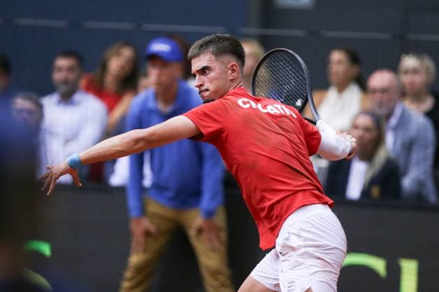 Croatia v France - 2025 Davis Cup Qualifiers Second Round: Day 1 Dino Prizmic of Croatia plays a forehand in his tie against Corentin Moutet of France during the 2025 Davis Cup Qualifier second round match between Croatia and France at Dvorana Gradski Vrt on September 12, 2025 in Osijek, Croatia.  DavidxJerkovic PIXSELL