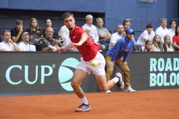 Croatia v France - 2025 Davis Cup Qualifiers Second Round: Day 1 Dino Prizmic of Croatia plays a forehand in his tie against Corentin Moutet of France during the 2025 Davis Cup Qualifier second round match between Croatia and France at Dvorana Gradski Vrt on September 12, 2025 in Osijek, Croatia.  DavidxJerkovic PIXSELL