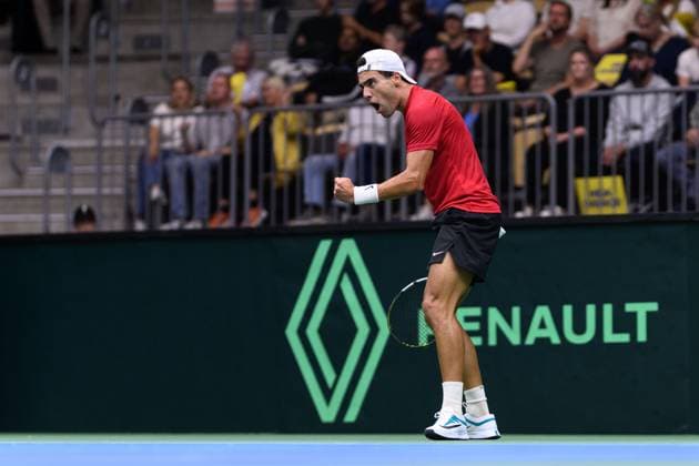 250912 Aziz Ouakaa of Tunisia celebrates during the Davis Cup tennis match between Sweden and Tunisia on September 12, 2025 in Partille Photo Carl Sandin BILDBYRAN code CS CS0767 tennis davis cup sweden sverige tunisien tunisia bbeng jubel sverige sweden celebrates  Copyright: CARLxSANDIN BB250912CS040