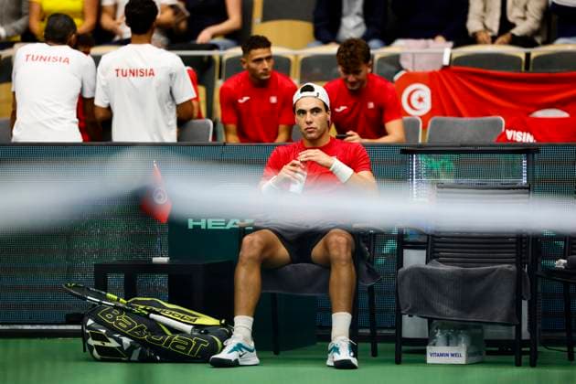 Tunisia s Aziz Ouakaa during the singles match against Sweden s Olle Wallin in the Davis Cup meeting between Sweden and Tunisia in Partille arena on September 12, 2025 PARTILLE SWEDEN x9200x  Copyright: xAdamxIhse TTx DAVIS CUP SWEDEN-TUNISIA