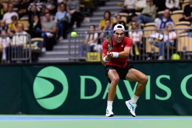 250912 Aziz Ouakaa of Tunisia during the Davis Cup tennis match between Sweden and Tunisia on September 12, 2025 in Partille Photo Carl Sandin BILDBYRAN code CS CS0767 tennis davis cup sweden sverige tunisien tunisia bbeng sverige sweden  Copyright: CARLxSANDIN BB250912CS043