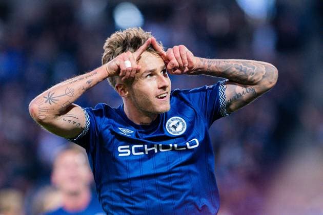 12 09 2025 Soccer, 2025 2026, 2 Bundesliga, Matchday 5, DSC Arminia Bielefeld 1 FC Magdeburg Joel Grodowski Bielefeld cheers after his goal for 2 0 DFL REGULATIONS PROHIBIT ANY USE OF PHOTOGRAPHS AS IMAGE SEQUENCES AND OR QUASI VIDEO