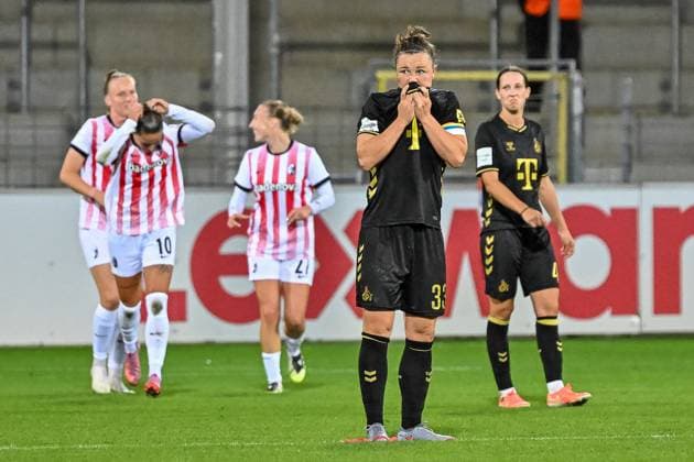 Marina Hegering 1 FC Koeln Frauen, 33 with emotion after the goal for 1 0 by Svenja Foelmli SC Freiburg Frauen, 09 GER, SC Freiburg 1 FC Koeln, Frauen Fussball, Google Pixel Frauen Bundesliga, 2 Spieltag, Saison 2025 2026, 12 09 2025 DFB REGULATES PROHIBIT ANY USE OF PHOTOGRAPHS AS IMAGE SEQUENCES AND OR QUASI VIDEO GER, SC Freiburg 1 FC Koeln, Women Football, Google Pixel Women Bundesliga, 2 Matchday, Season 2025 2026, 12 09 2025 Freiburg Copyright: xEibner-Pressefoto ThomasxHessx EP_THS
