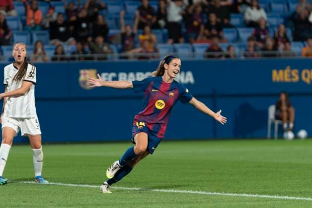 FC Barcelona, Barca Femeni v DUX Logrono - Liga F Moeve Aitana Bonmati, a player for FC Barcelona, celebrates a goal during the Liga F Moeve match between FC Barcelona and DUX Logrono at Estadi Johan Cruyff in Barcelona, Spain, on September 12, 2025. BARCELONA Spain  Copyright: xRubenxDexLaxRosax originalFilename:delarosa-ligafmoe250912_np1Qh.jpg