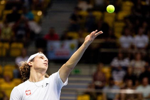 12th September 2025; Polsat Plus Arena, Gdynia, Poland; Davis Cup, World Group I, Poland versus Great Britain; Tomasz Berkieta (pol) serves  FotoxOlimpik