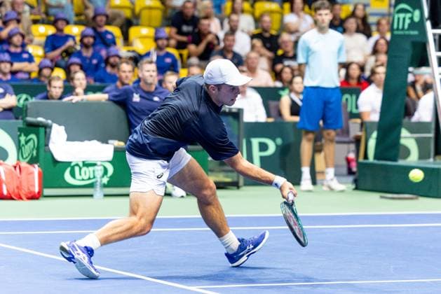 12h September 2025; Polsat Plus Arena, Gdynia, Poland; Davis Cup, World Group I, Poland versus Great Britain; Arthur Fery (GB) during his 6-4 6-2 victory over Olaf Pieczkowski  FotoxOlimpik