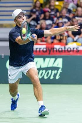 12h September 2025; Polsat Plus Arena, Gdynia, Poland; Davis Cup, World Group I, Poland versus Great Britain; Arthur Fery (GB) during his 6-4 6-2 victory over Olaf Pieczkowski  FotoxOlimpik