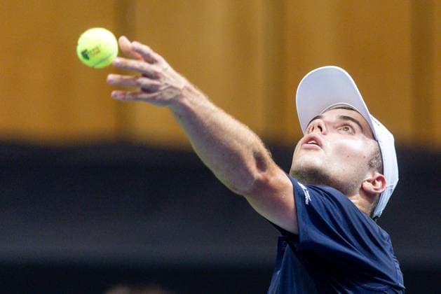 12h September 2025; Polsat Plus Arena, Gdynia, Poland; Davis Cup, World Group I, Poland versus Great Britain; Arthur Fery (GB) during his 6-4 6-2 victory over Olaf Pieczkowski  FotoxOlimpik