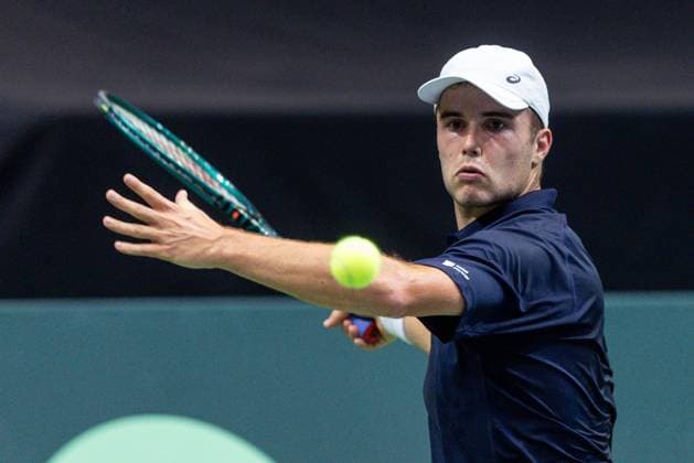 12h September 2025; Polsat Plus Arena, Gdynia, Poland; Davis Cup, World Group I, Poland versus Great Britain; Arthur Fery (GB) during his 6-4 6-2 victory over Olaf Pieczkowski  FotoxOlimpik