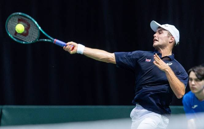 12h September 2025; Polsat Plus Arena, Gdynia, Poland; Davis Cup, World Group I, Poland versus Great Britain; Arthur Fery (GB) during his 6-4 6-2 victory over Olaf Pieczkowski  FotoxOlimpik