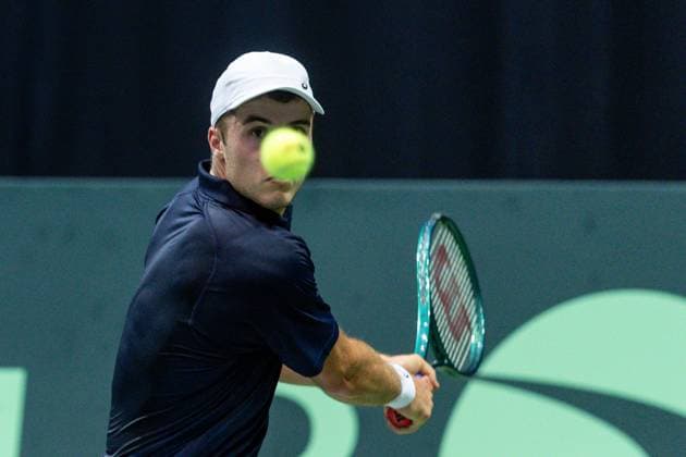 12h September 2025; Polsat Plus Arena, Gdynia, Poland; Davis Cup, World Group I, Poland versus Great Britain; Arthur Fery (GB) during his 6-4 6-2 victory over Olaf Pieczkowski  FotoxOlimpik