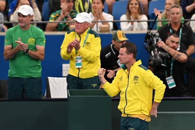 TENNIS DAVIS CUP AUSTRALIA BELGIUM, Australian captain Lleyton Hewitt reacts as Alex de Minaur takes on Raphael Collingnon of Belgium during the Davis Cup qualifying second round match at Ken Rosewall Arena in Sydney, Saturday, September 13, 2025. ( NO ARCHIVING, EDITORIAL USE ONLY SYDNEY NEW SOUTH WALES AUSTRALIA  Copyright: xDEANxLEWINSx 20250913191364606633