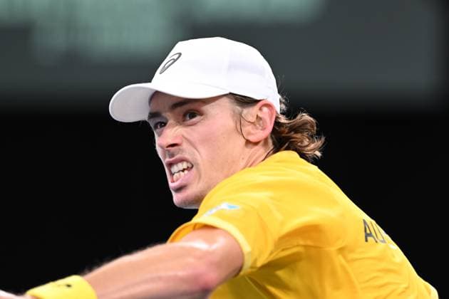 TENNIS DAVIS CUP AUSTRALIA BELGIUM, Alex de Minaur of Australia reacts during his match against Raphael Collignon of Belgium during the Davis Cup qualifying second round match at Ken Rosewall Arena in Sydney, Saturday, September 13, 2025. ( NO ARCHIVING, EDITORIAL USE ONLY SYDNEY NEW SOUTH WALES AUSTRALIA ALBION PARK  Copyright: xDEANxLEWINSx 20250913142860241826