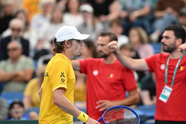 TENNIS DAVIS CUP AUSTRALIA BELGIUM, Belgium cel;ebrate as Alex de Minaur of Australia takes on Raphael Collignon of Belgium during the Davis Cup qualifying second round match at Ken Rosewall Arena in Sydney, Saturday, September 13, 2025. ( NO ARCHIVING, EDITORIAL USE ONLY SYDNEY NEW SOUTH WALES AUSTRALIA ALBION PARK  Copyright: xDEANxLEWINSx 20250913124916742916