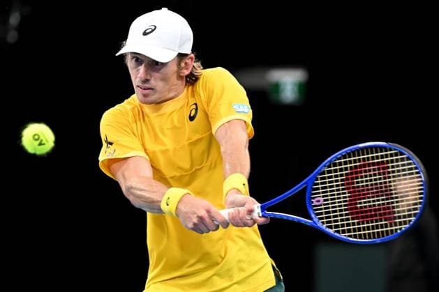 TENNIS DAVIS CUP AUSTRALIA BELGIUM, Alex de Minaur of Australia is action against Raphael Collignon of Belgium during the Davis Cup qualifying second round match at Ken Rosewall Arena in Sydney, Saturday, September 13, 2025. ( NO ARCHIVING, EDITORIAL USE ONLY SYDNEY NEW SOUTH WALES AUSTRALIA ALBION PARK  Copyright: xDEANxLEWINSx 20250913110475581304