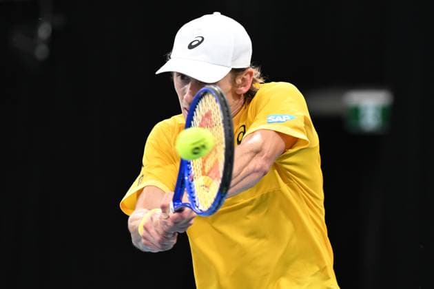 TENNIS DAVIS CUP AUSTRALIA BELGIUM, Alex de Minaur of Australia is action against Raphael Collignon of Belgium during the Davis Cup qualifying second round match at Ken Rosewall Arena in Sydney, Saturday, September 13, 2025. ( NO ARCHIVING, EDITORIAL USE ONLY SYDNEY NEW SOUTH WALES AUSTRALIA ALBION PARK  Copyright: xDEANxLEWINSx 20250913153898342834