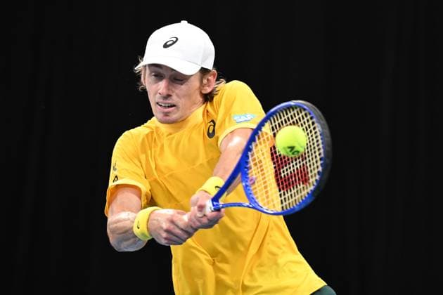 TENNIS DAVIS CUP AUSTRALIA BELGIUM, Alex de Minaur of Australia is action against Raphael Collignon of Belgium during the Davis Cup qualifying second round match at Ken Rosewall Arena in Sydney, Saturday, September 13, 2025. ( NO ARCHIVING, EDITORIAL USE ONLY SYDNEY NEW SOUTH WALES AUSTRALIA ALBION PARK  Copyright: xDEANxLEWINSx 20250913157997086720