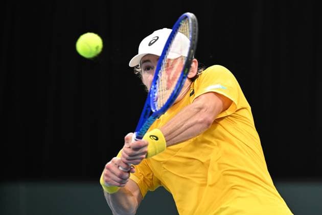 TENNIS DAVIS CUP AUSTRALIA BELGIUM, Alex de Minaur of Australia is action against Raphael Collignon of Belgium during the Davis Cup qualifying second round match at Ken Rosewall Arena in Sydney, Saturday, September 13, 2025. ( NO ARCHIVING, EDITORIAL USE ONLY SYDNEY NEW SOUTH WALES AUSTRALIA ALBION PARK  Copyright: xDEANxLEWINSx 20250913193271130100