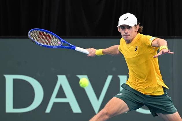 TENNIS DAVIS CUP AUSTRALIA BELGIUM, Alex de Minaur of Australia is action against Raphael Collignon of Belgium during the Davis Cup qualifying second round match at Ken Rosewall Arena in Sydney, Saturday, September 13, 2025. ( NO ARCHIVING, EDITORIAL USE ONLY SYDNEY NEW SOUTH WALES AUSTRALIA ALBION PARK  Copyright: xDEANxLEWINSx 20250913145815955311