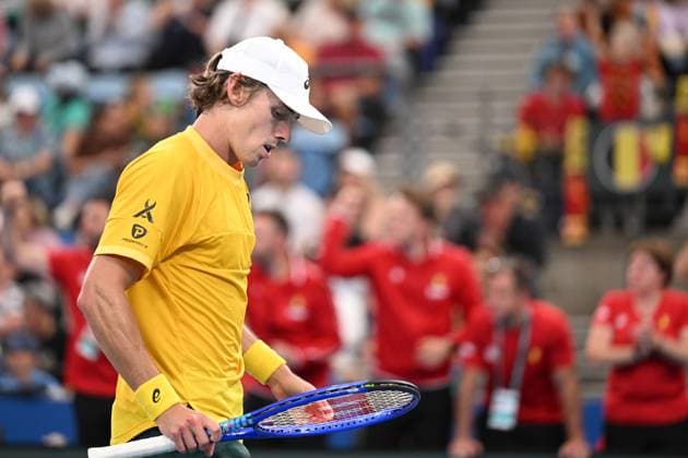 TENNIS DAVIS CUP AUSTRALIA BELGIUM, Alex de Minaur of Australia reacts during his match against Raphael Collignon of Belgium during the Davis Cup qualifying second round match at Ken Rosewall Arena in Sydney, Saturday, September 13, 2025. ( NO ARCHIVING, EDITORIAL USE ONLY SYDNEY NEW SOUTH WALES AUSTRALIA ALBION PARK  Copyright: xDEANxLEWINSx 20250913193125710270