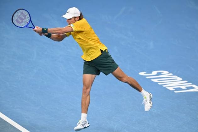 TENNIS DAVIS CUP AUSTRALIA BELGIUM, Alex de Minaur of Australia in action against Raphael Collignon of Belgium during the Davis Cup qualifying second round match at Ken Rosewall Arena in Sydney, Saturday, September 13, 2025. ( NO ARCHIVING, EDITORIAL USE ONLY SYDNEY NEW SOUTH WALES AUSTRALIA ALBION PARK  Copyright: xDEANxLEWINSx 20250913188175793941