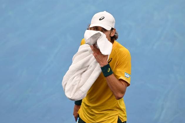 TENNIS DAVIS CUP AUSTRALIA BELGIUM, Alex de Minaur of Australia reacts during his match against Raphael Collignon of Belgium during the Davis Cup qualifying second round match at Ken Rosewall Arena in Sydney, Saturday, September 13, 2025. ( NO ARCHIVING, EDITORIAL USE ONLY SYDNEY NEW SOUTH WALES AUSTRALIA ALBION PARK  Copyright: xDEANxLEWINSx 20250913193496306200