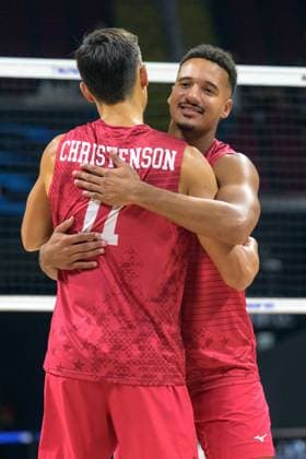 September 13, 2025, Pasay City, Manila, Philippines: USA vs Columbia in the Pool Phase during the FIVB Mens Volleyball World Championship, WM, Weltmeisterschaft 2025 in Manila, Philippines. USA beat Columbia in 3 sets. USA Jacob PASTEUR celebrates with Micah CHRISTENSON after their win. Pasay City Philippines - ZUMAr144 20250913_zap_r144_004 Copyright: xJaynexRussellx
