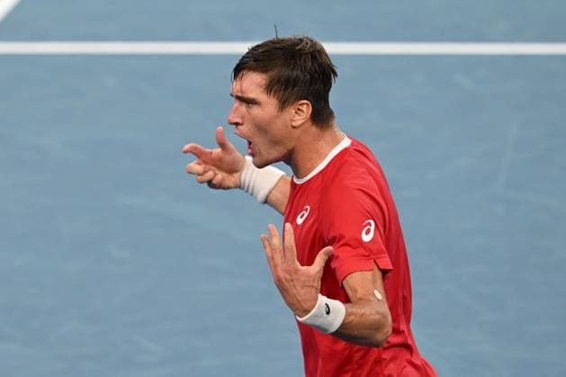 TENNIS DAVIS CUP AUSTRALIA BELGIUM, Raphael Collignon of Belgium celebrates his win over Alex de Minaur of Australia with his team during the Davis Cup qualifying second round match at Ken Rosewall Arena in Sydney, Saturday, September 13, 2025. ( NO ARCHIVING, EDITORIAL USE ONLY SYDNEY NEW SOUTH WALES AUSTRALIA ALBION PARK  Copyright: xDEANxLEWINSx 20250913122523817145