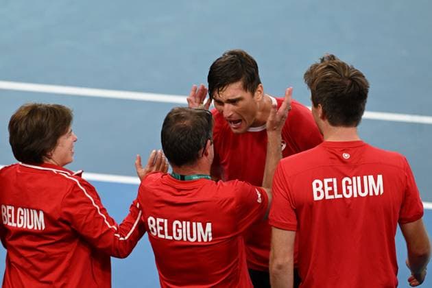 TENNIS DAVIS CUP AUSTRALIA BELGIUM, Raphael Collignon of Belgium celebrates his win over Alex de Minaur of Australia with his team during the Davis Cup qualifying second round match at Ken Rosewall Arena in Sydney, Saturday, September 13, 2025. ( NO ARCHIVING, EDITORIAL USE ONLY SYDNEY NEW SOUTH WALES AUSTRALIA ALBION PARK  Copyright: xDEANxLEWINSx 20250913147427648801