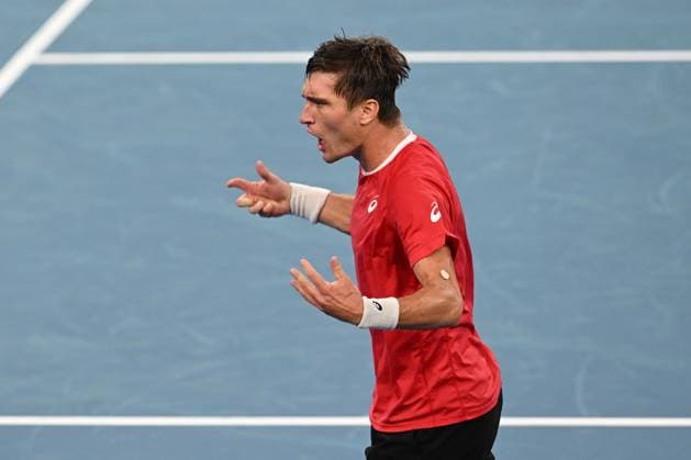 TENNIS DAVIS CUP AUSTRALIA BELGIUM, Raphael Collignon of Belgium celebrates his win over Alex de Minaur of Australia during the Davis Cup qualifying second round match at Ken Rosewall Arena in Sydney, Saturday, September 13, 2025. ( NO ARCHIVING, EDITORIAL USE ONLY SYDNEY NEW SOUTH WALES AUSTRALIA ALBION PARK  Copyright: xDEANxLEWINSx 20250913157108177548