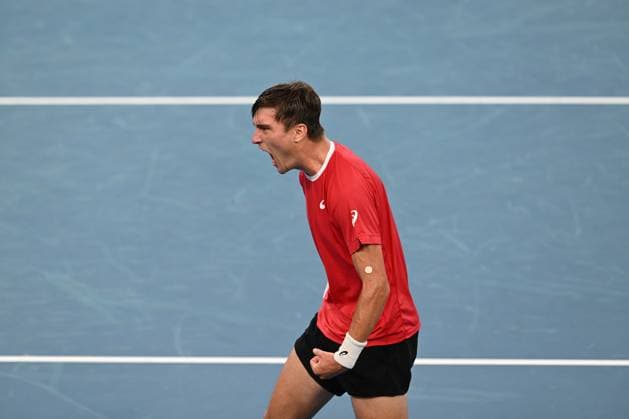 TENNIS DAVIS CUP AUSTRALIA BELGIUM, Raphael Collignon of Belgium celebrates his win over Alex de Minaur of Australia during the Davis Cup qualifying second round match at Ken Rosewall Arena in Sydney, Saturday, September 13, 2025. ( NO ARCHIVING, EDITORIAL USE ONLY SYDNEY NEW SOUTH WALES AUSTRALIA ALBION PARK  Copyright: xDEANxLEWINSx 20250913186472210085