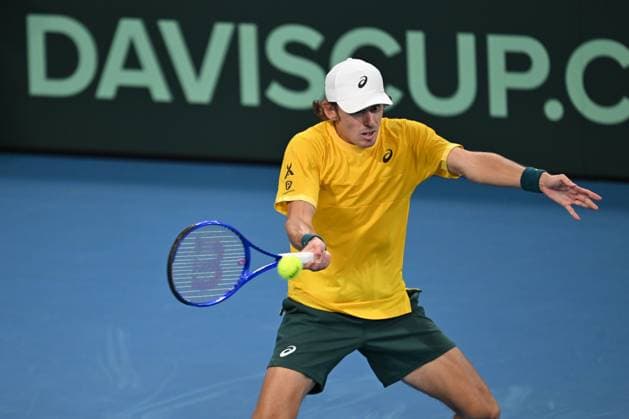 TENNIS DAVIS CUP AUSTRALIA BELGIUM, Alex de Minaur of Australia in action against Raphael Collignon of Belgium during the Davis Cup qualifying second round match at Ken Rosewall Arena in Sydney, Saturday, September 13, 2025. ( NO ARCHIVING, EDITORIAL USE ONLY SYDNEY NEW SOUTH WALES AUSTRALIA ALBION PARK  Copyright: xDEANxLEWINSx 20250913183830218476