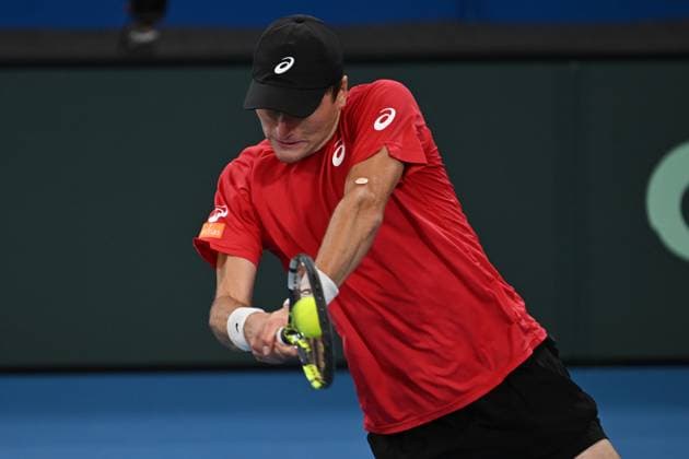 TENNIS DAVIS CUP AUSTRALIA BELGIUM, Raphael Collignon of Belgium in action against Alex de Minaur of Australia during the Davis Cup qualifying second round match at Ken Rosewall Arena in Sydney, Saturday, September 13, 2025. ( NO ARCHIVING, EDITORIAL USE ONLY SYDNEY NEW SOUTH WALES AUSTRALIA ALBION PARK  Copyright: xDEANxLEWINSx 20250913198869123252