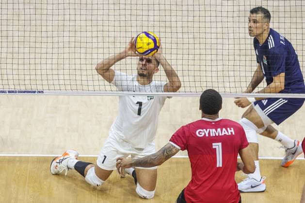 (250913) -- QUEZON CITY, Sept. 13, 2025 -- Abdelrahman Abu Zariba (L) and Foad Elmaarug (R) of Libya compete against Daenan Gyimah of Canada during the pool G match between Canada and Libya at the 2025 FIVB Volleyball Men s World Championship, WM, Weltmeisterschaft in Quezon City, the Philippines, Sept. 13, 2025. ) (SP)THE PHILIPPINES-QUEZON CITY-VOLLEYBALL-FIVB MEN S WORLD CHAMPIONSHIP 2025-CAN VS LBA RouellexUmali 
