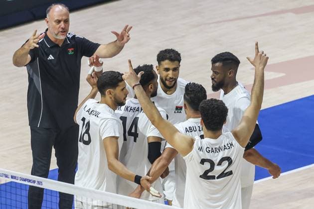 (250913) -- QUEZON CITY, Sept. 13, 2025 -- Players of Libya celebrate after scoring a point during the pool G match between Canada and Libya at the 2025 FIVB Volleyball Men s World Championship, WM, Weltmeisterschaft in Quezon City, the Philippines, Sept. 13, 2025. ) (SP)THE PHILIPPINES-QUEZON CITY-VOLLEYBALL-FIVB MEN S WORLD CHAMPIONSHIP 2025-CAN VS LBA RouellexUmali 